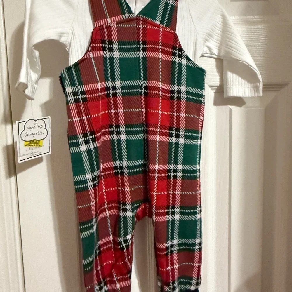 NWT Little Me Plaid Overalls Outfit